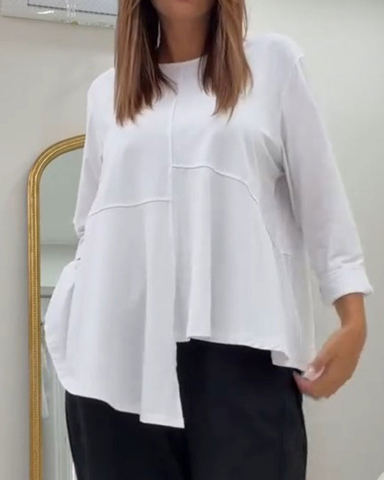 Top Ronde Hals Patchwork Asymmetrisch Effen