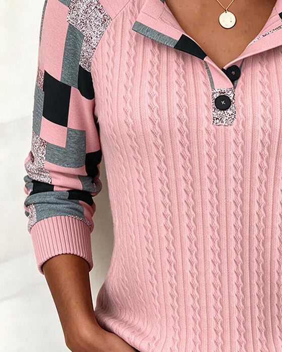 Sweatshirt Kleurblok Henley Kraag Lange Mouw Geknoopt