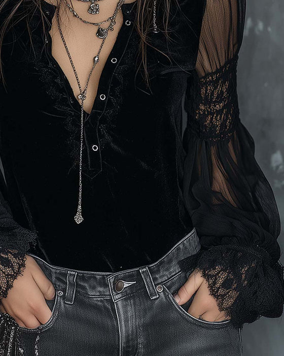 Blouse Dichtgeknoopt V-Hals Poofmouw