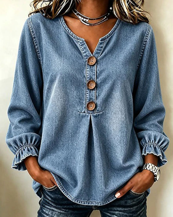 Top Denim V-Hals Knoop Ruchemouw