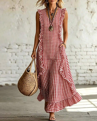 Jurk V-Hals Ruffle Ruit Mouwloos Maxi