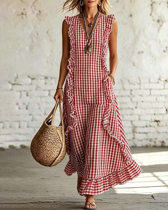 Jurk V-Hals Ruffle Ruit Mouwloos Maxi