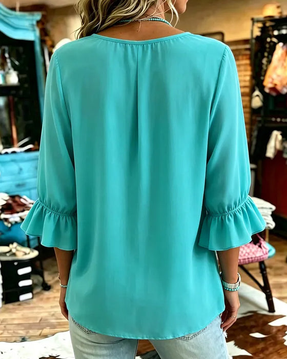 Blouse Effen Kleur Ruchesmouw Vetersluiting