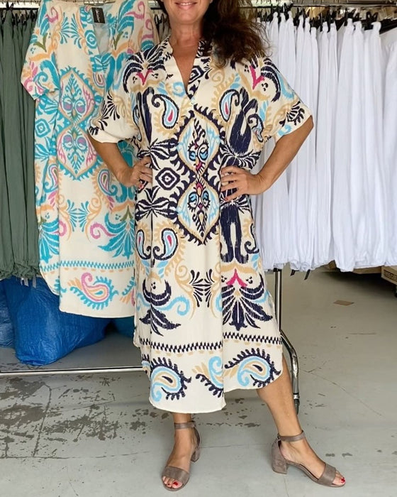 Boheemse losse jurk met V-hals en halve mouwen