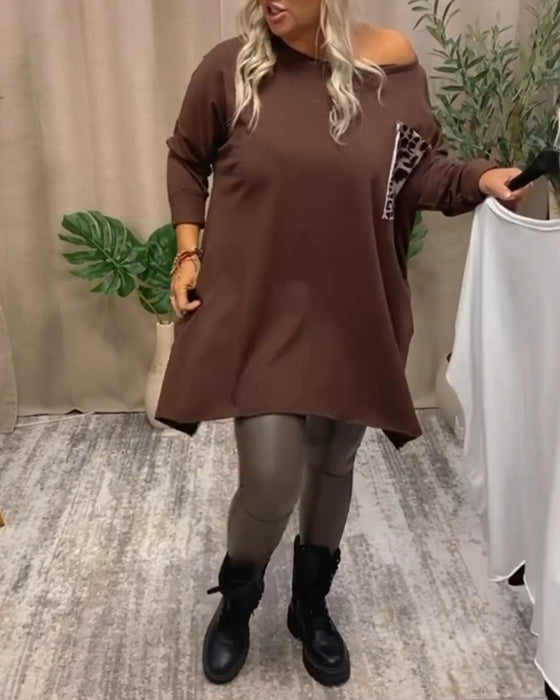 Casual ronde hals top met luipaardprint zak en lange mouw