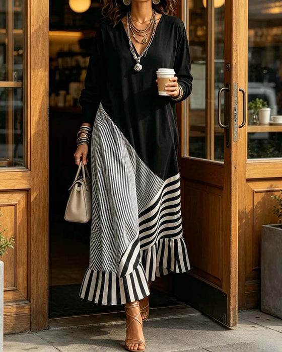 Jurk V-Hals Streep Patchwork Ruffle