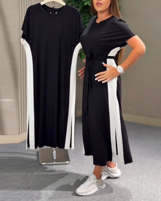 Jurk Ronde Hals Patchwork Korte Mouw