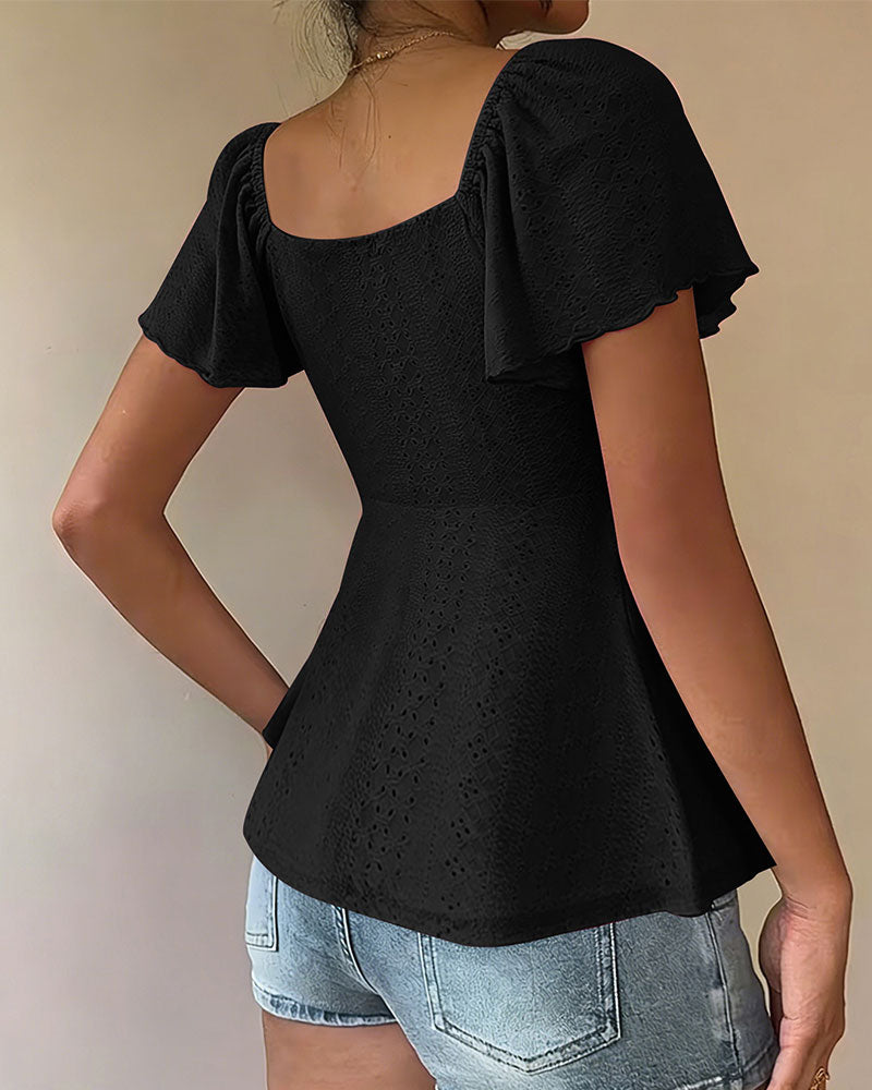 Blouse Doorgebroken Trekkoord Korte Mouw Effen