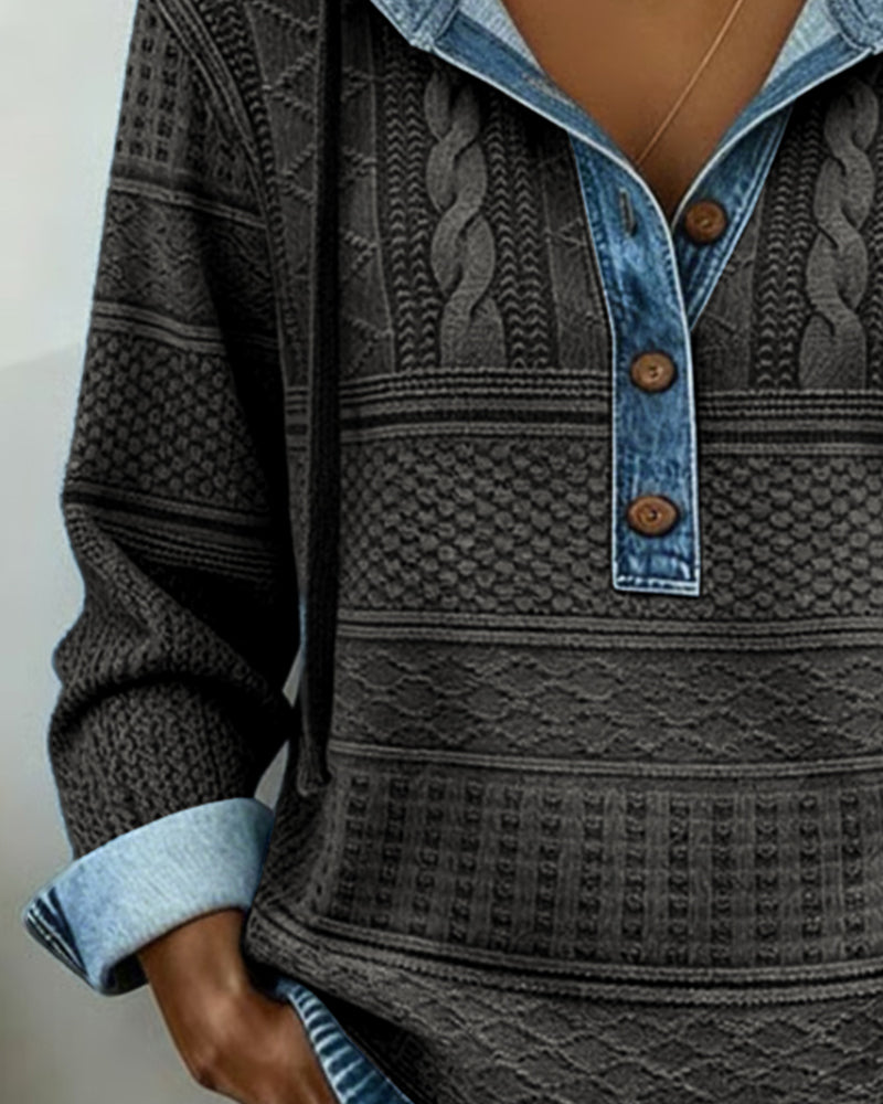 Hoodie Van Denim Met Kabelssteek En Patchworkdetails