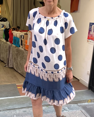 Jurk Vierkante Hals Grote Stip Ruffle Contrast