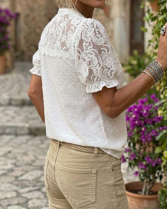Blouse Kant Patchwork Pofmouw V-Hals