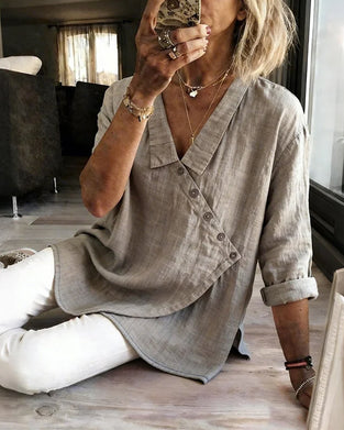 Blouse Met Asymmetrische Diagonale Knoopsluiting En Kraag