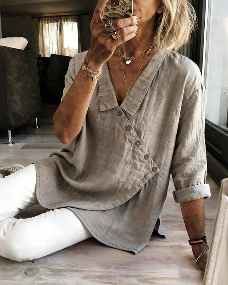 Blouse Met Asymmetrische Diagonale Knoopsluiting En Kraag