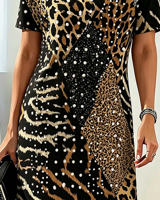 Jurk Luipaardprint Rondhals Kortmouw Patchwork