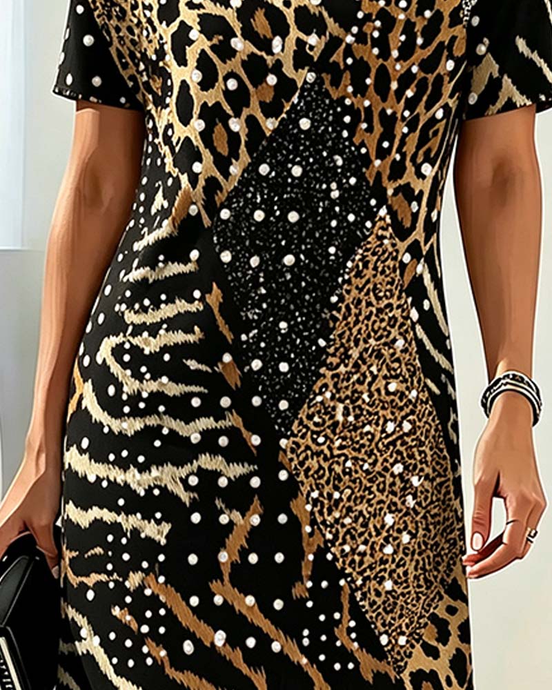 Jurk Luipaardprint Rondhals Kortmouw Patchwork