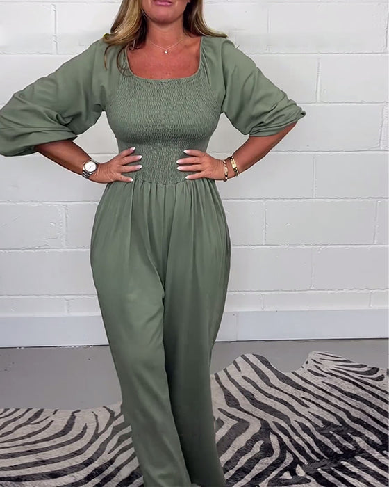 Jumpsuit met vierkante hals en zak in effen kleur