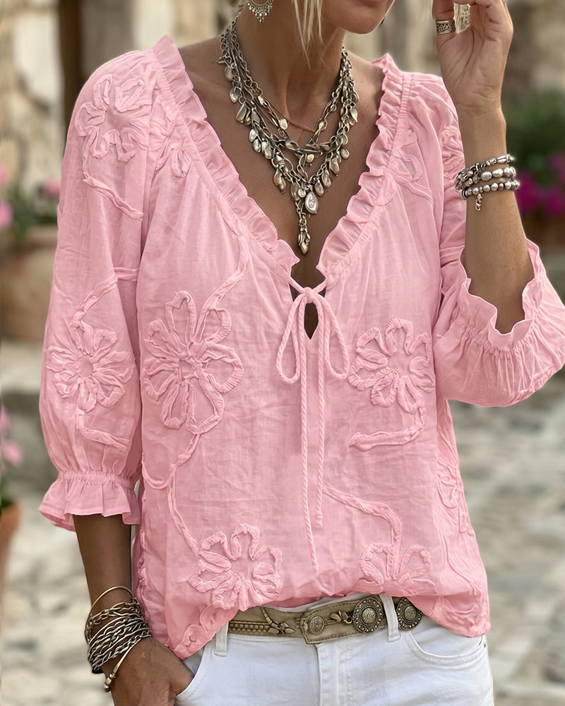 Blouse 100% Katoen V-Hals Wikkel Strik Gerafeld