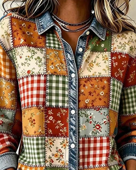 Top Kraag Ruit Denim Patchwork
