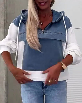 Casual denim patchwork hoodie met rits