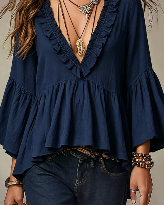 Blouse V-Hals Scallop Ruffle Rand