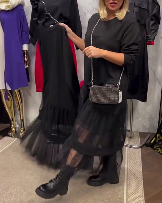 Losse Effen Jurk Met Mesh Patchwork