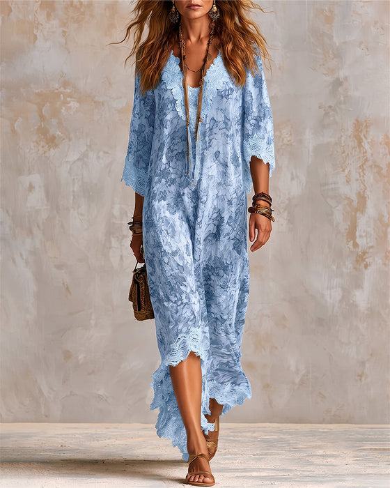 Jurk V-Hals Kant Patchwork Asymmetrisch