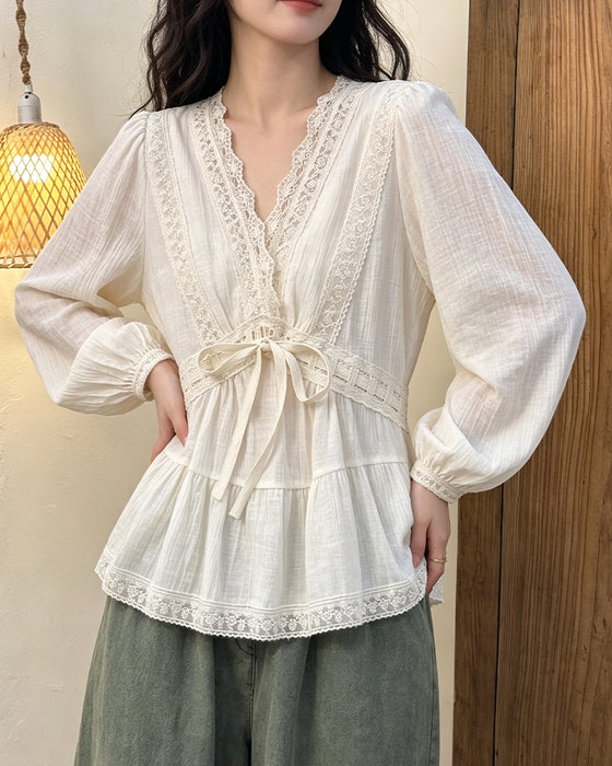 Blouse V-Hals Ballon Mouw Kant Patchwork Uitlopend