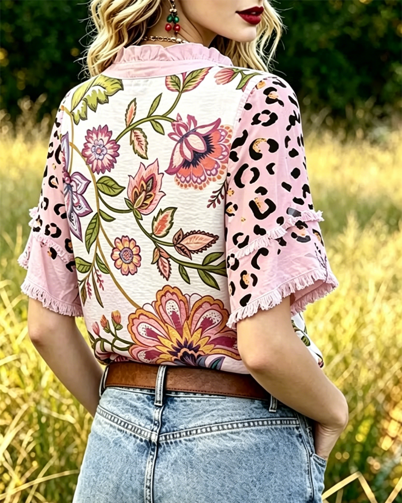 Blouse V-Hals Contrast Print