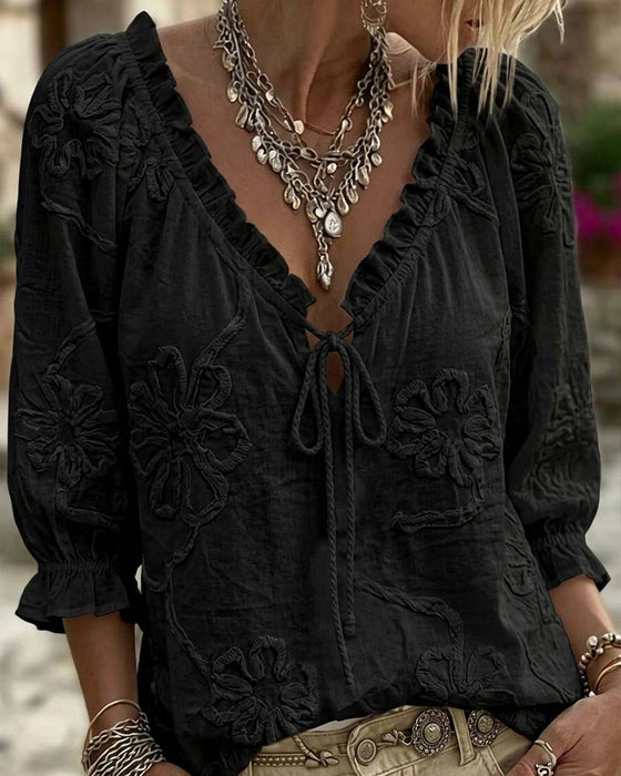 Blouse 100% Katoen V-Hals Wikkel Strik Gerafeld