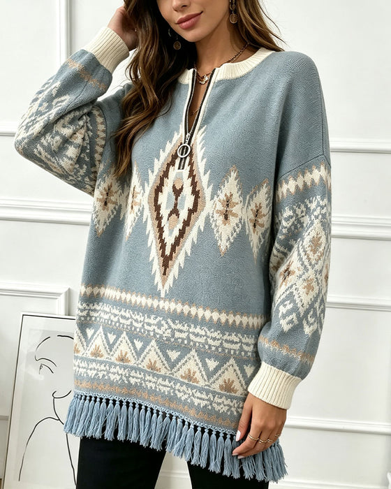 Pullover Geometrisch Jacquard Half-Zip Gerafelde Rand