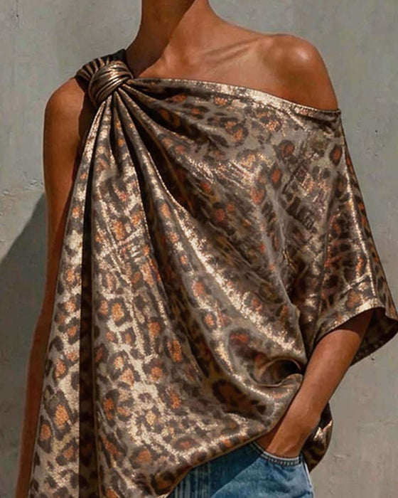 Blouse Goud Folie Luipaard Een-Schouder Twist