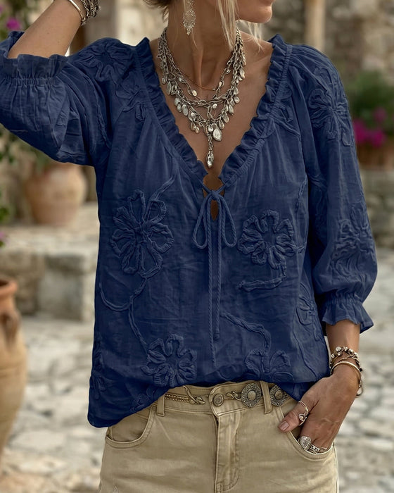 Blouse 100% Katoen V-Hals Wikkel Strik Gerafeld