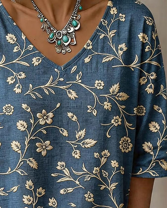 Blouse V-Hals Half Mouw Bloemen