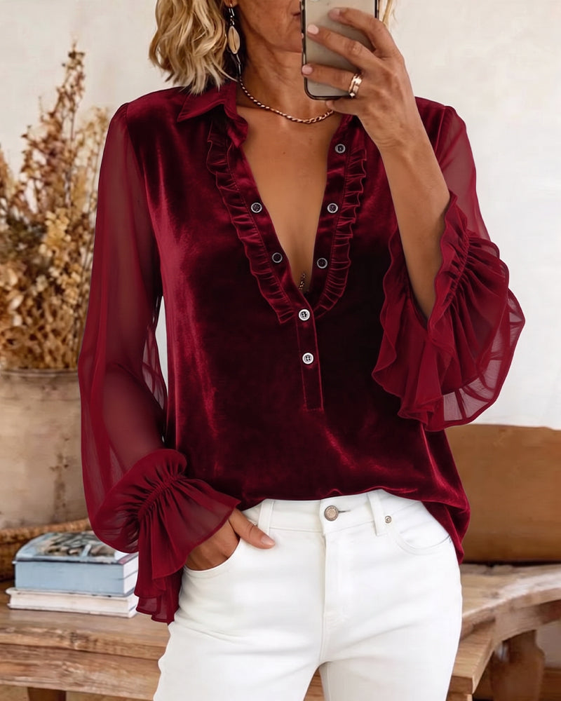 Blouse Fluweel Patchwork Gerimpelde Mouw