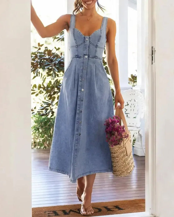 Jurk Spaghettibandje Knoop Taille Gesnoerd Denim