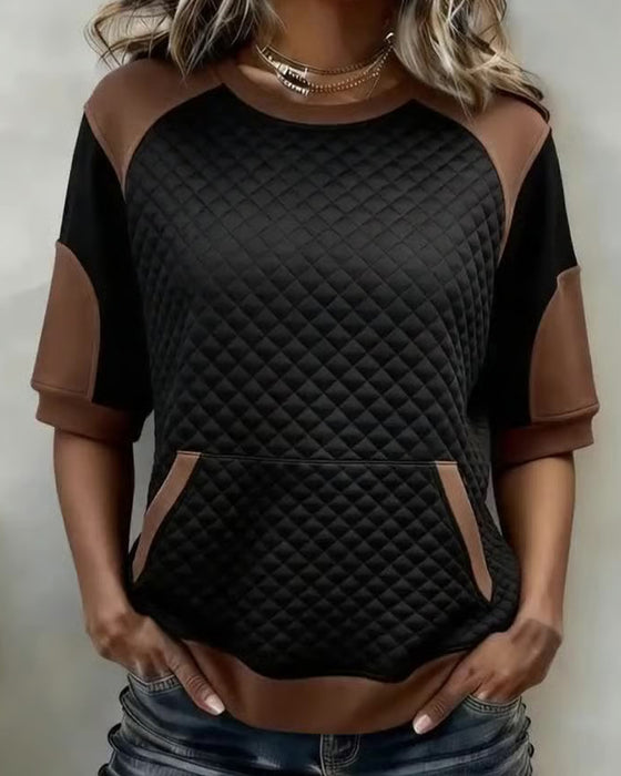 Blouse Ronde Hals Patchwork Diamant Patroon