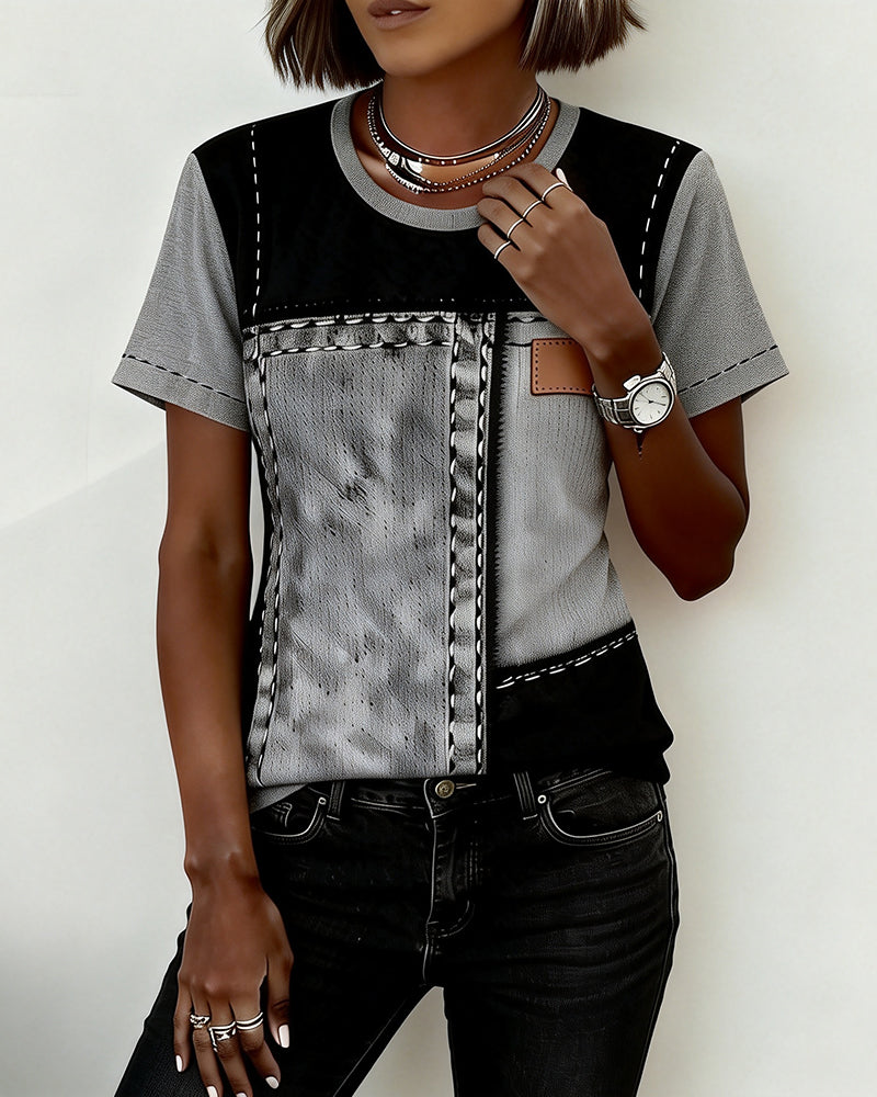 T-Shirt Color-Block Inzet Ronde Hals Korte Mouw