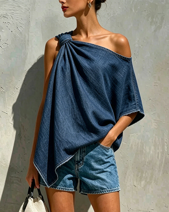 Blouse Denim Knoop Één Schouder