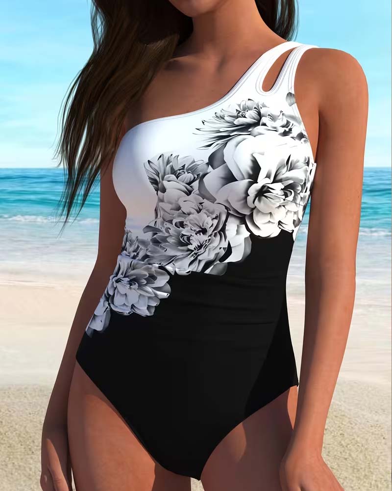 Eendelig Badpak Bloembladprint Één Schouder