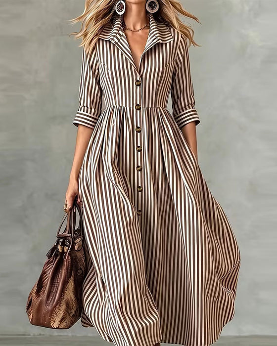 Jurk Overhemdkraag Taille Gestreept