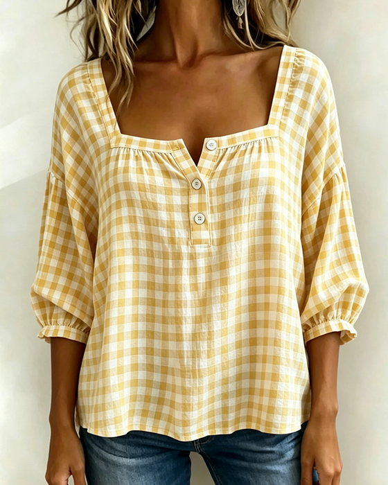 Blouse Vierkante Hals Knoopsluiting Ruit