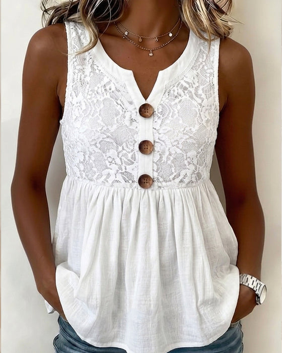 Top V‑Hals Knopen Kant‑Paneel Effen