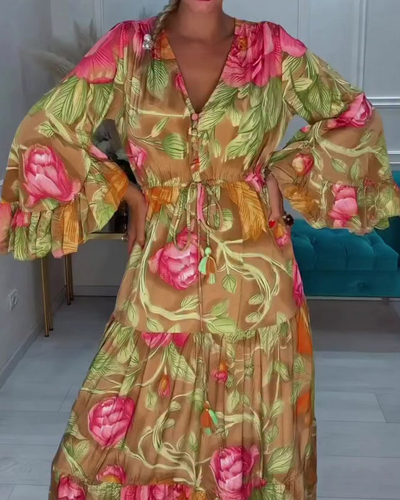 Jurk V-Hals Volle Rok Bloemen
