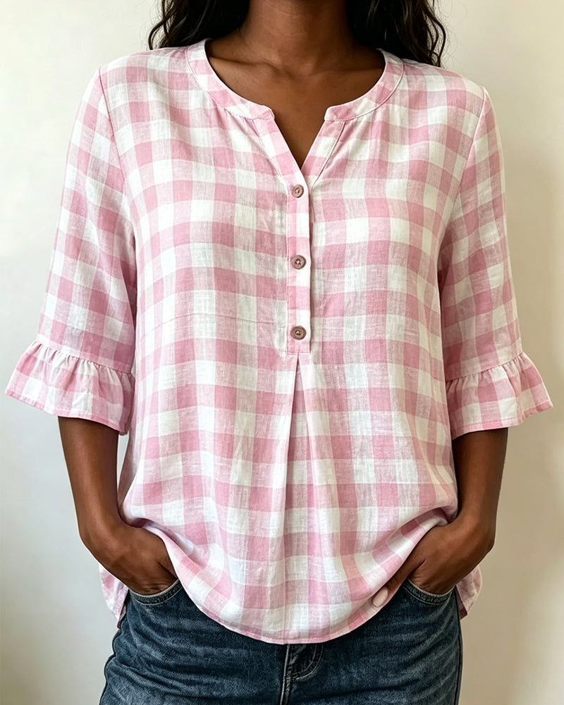 Blouse V-Hals Knoop Voor Geruit Ruffle