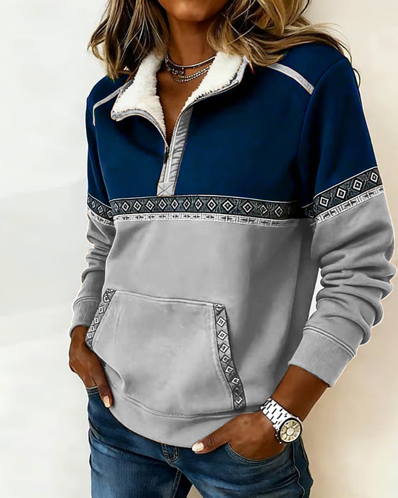 Retro Sweatshirt Met Colorblocking En Bontkraag