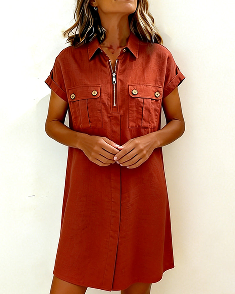 Jurk Rits Zak Korte Mouw Katoen Linnen