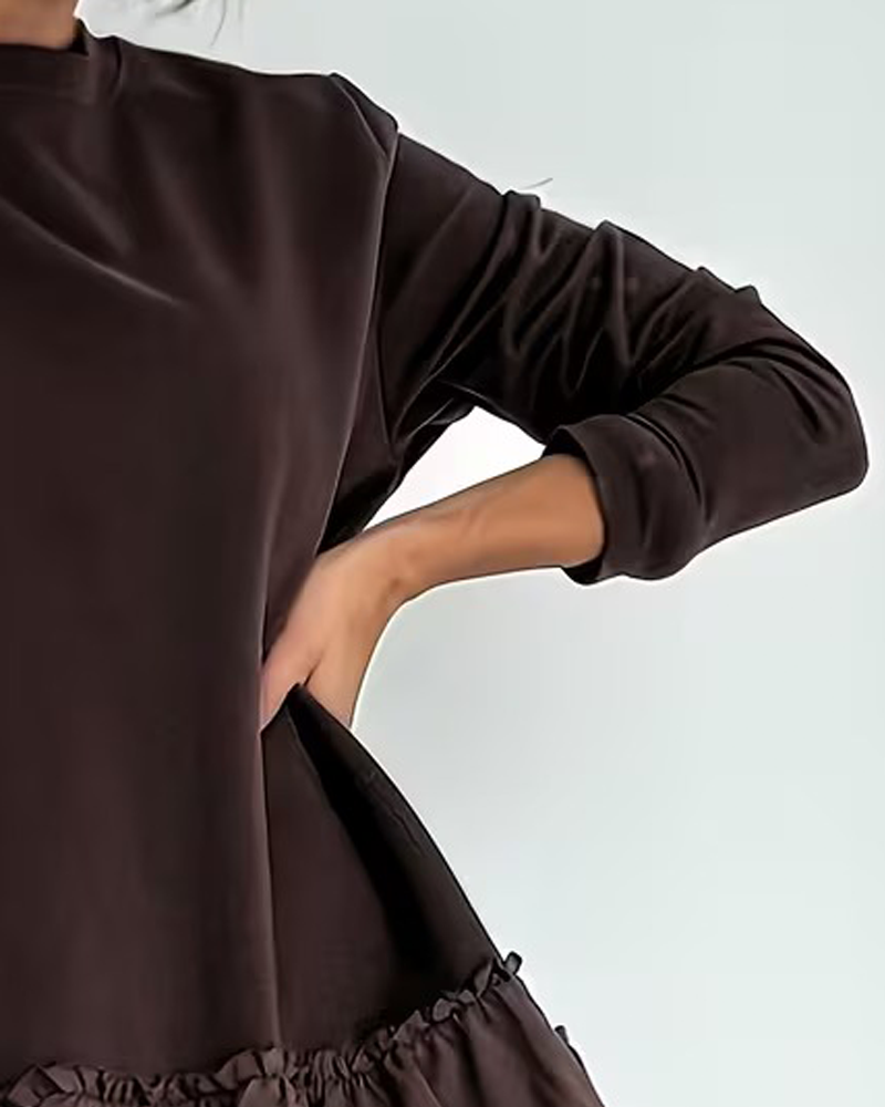 Lange Mouwen Patchwork Jurk Met Ronde Hals