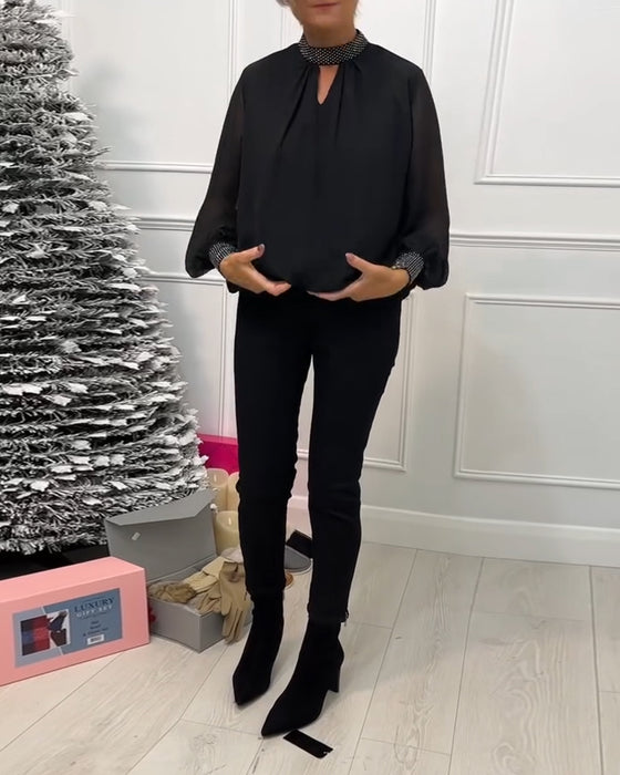 Mode effen kleur blouse met staande kraag patchwork en holle