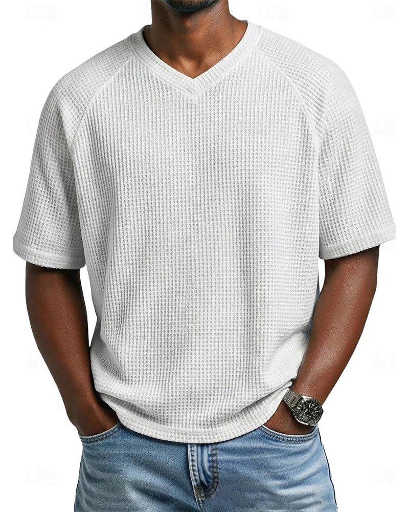 Heren V-Hals T-Shirt Met Wafelstructuur, Casual Short-Sleeve Top In Effen Kleur