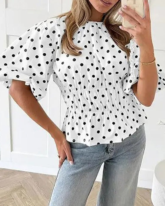 Blouse Stip Off-Shoulder Getailleerd Ballon Mouw